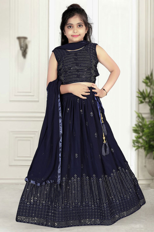Georgette Navy Blue Sequins Embroidered Lehenga for Party 