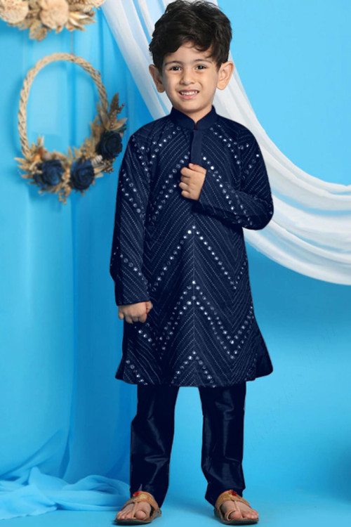 Navy Blue Georgette Resham Thread Embroidered Boy's Kurta Pajama