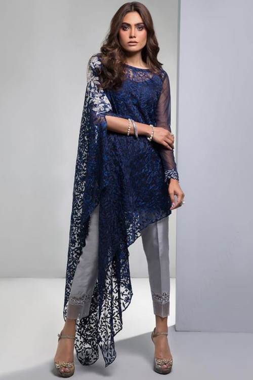 Sangeet Resham Embroidered Navy Blue Trouser Suit in Net