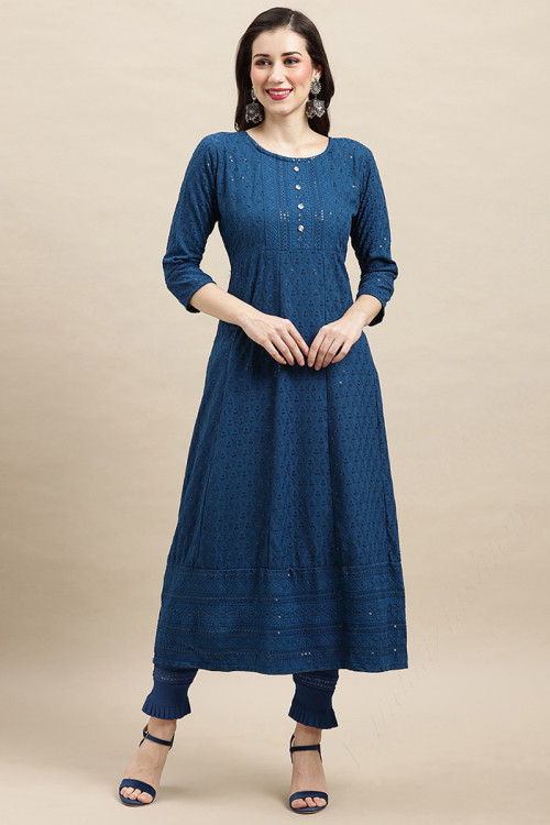 Rayon Navy Blue Casual Wear Kurti with Sequins embroidery