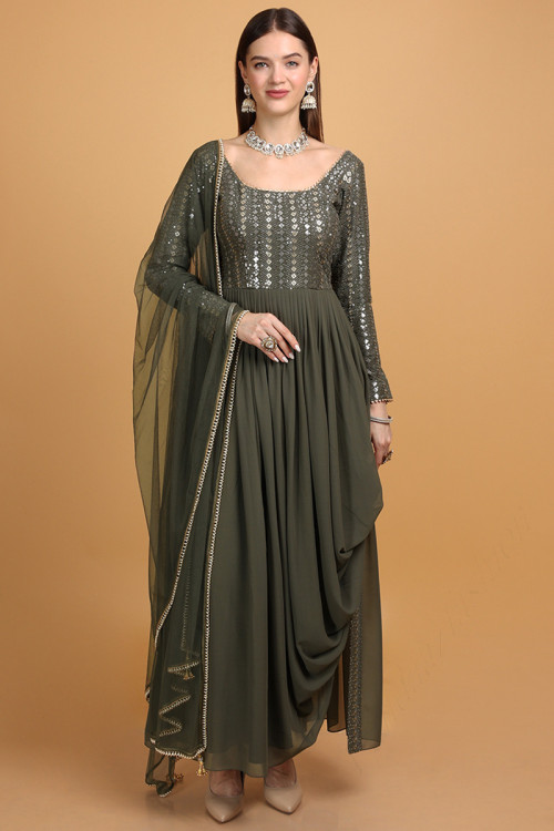 Army Green Georgette Embroidered Indo-Western Gown