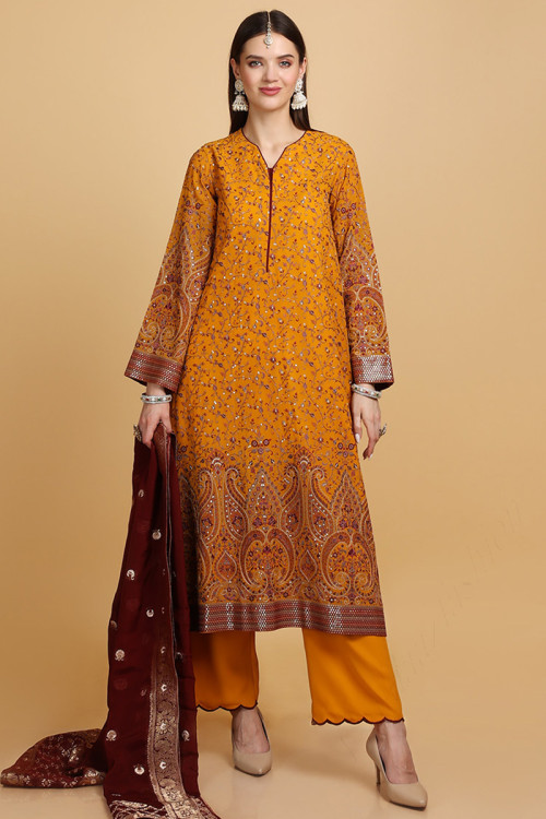 Embroidered Georgette Mustard Yellow A-Line Suit
