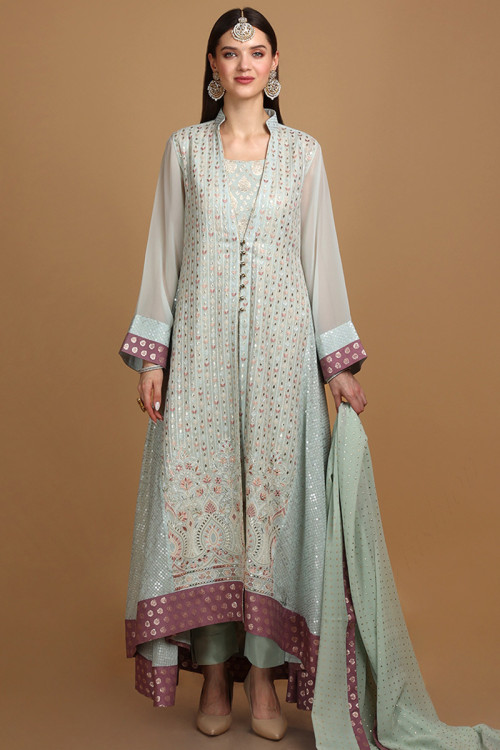 Seafoam Green Anarkali Suit With Embroidered Jacket