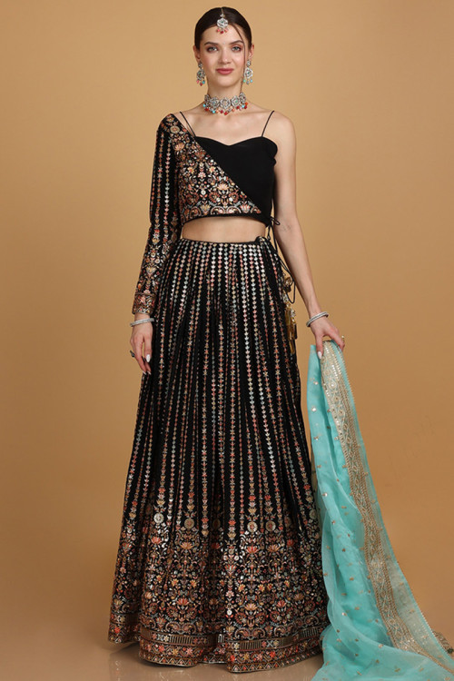Black Georgette Fancy Lehenga With Angrakha Style Blouse