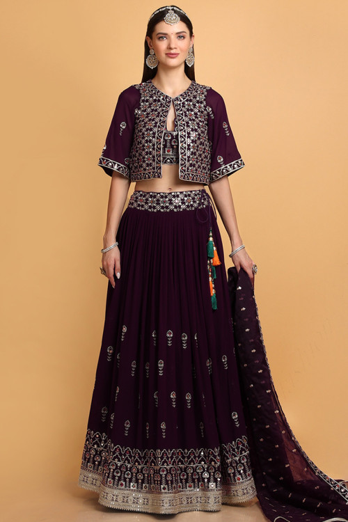 Georgette Dark Purple Thread Embroidered Lehenga for Party 