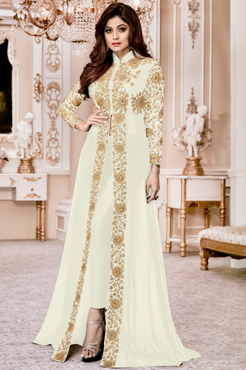 Off White Georgette Anarkali Suit With Stone Work