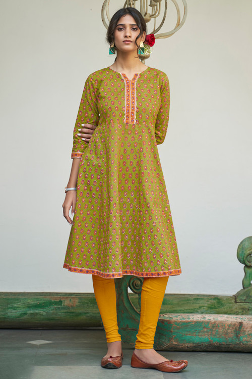 Olive Green Casual Wear Kurti with Print