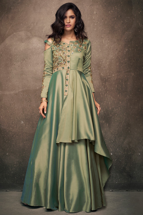 Olive Green Taffeta Embroidered Gown