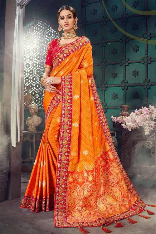 Orange Bhagalpuri Silk Saree With Banglori Silk Blouse