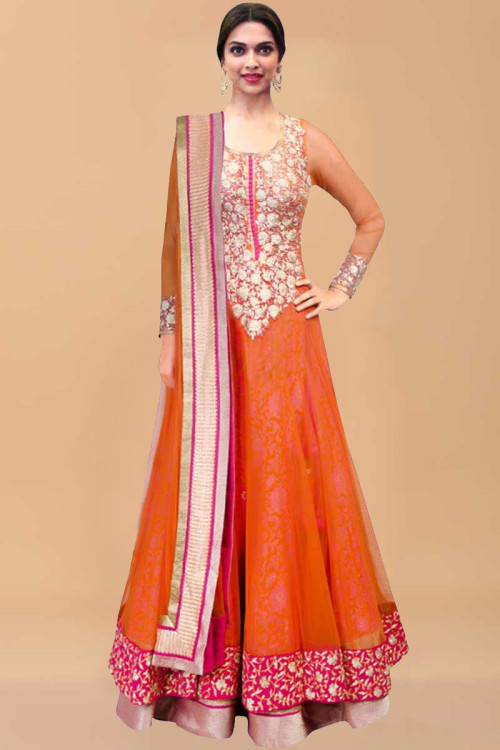 Deepika Padukone Orange Net Anarkali churidar Suit With Dupatta