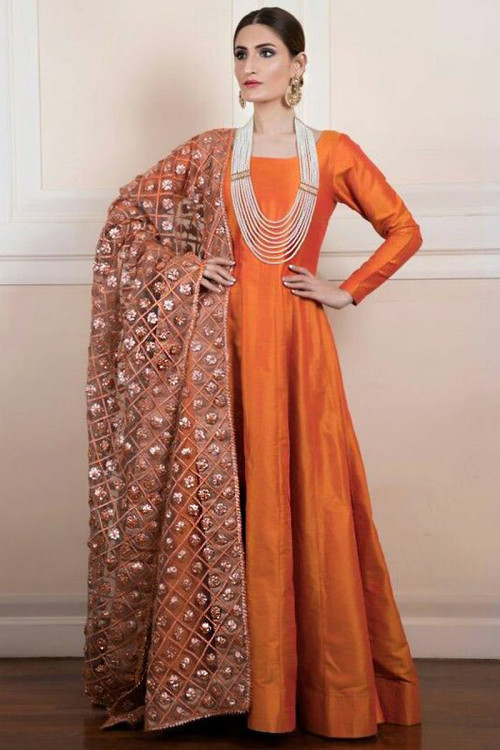Orange Silk Embroidered Wedding Anarkali Suit