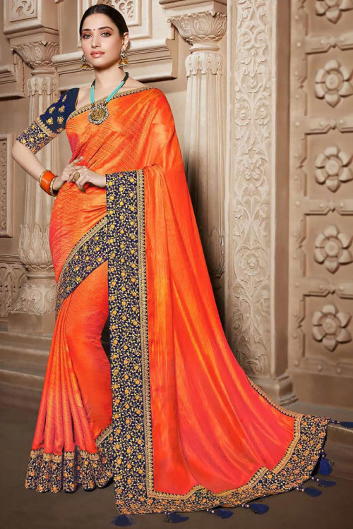 Orange Silk Saree With Banglori Silk Blouse