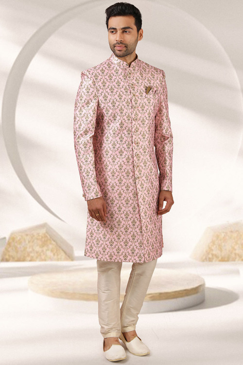 Pale Pink Banarasi Silk Digital Printed Men's Sherwani