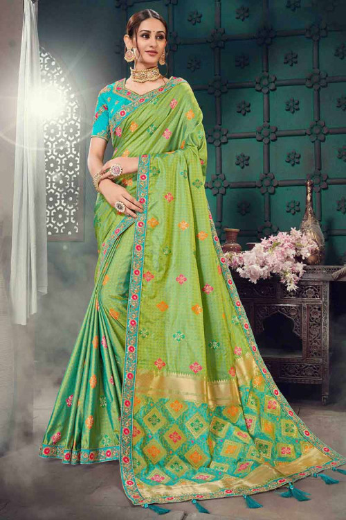 Parrot Green Bhagalpuri Silk Saree With Banglori Silk Blouse