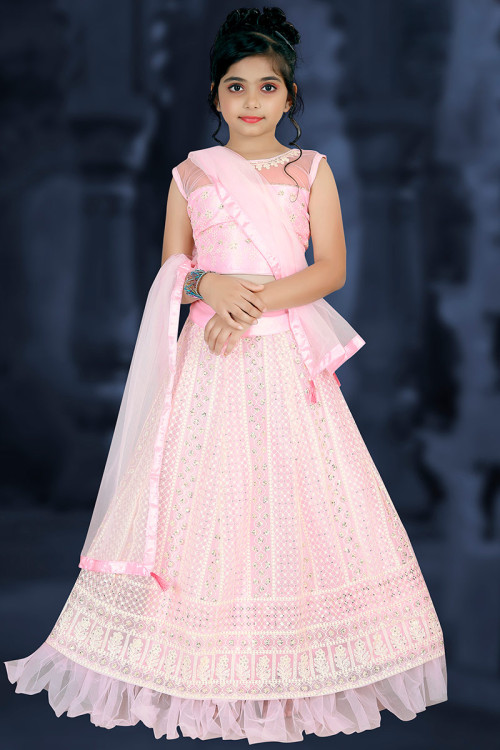 Pastel Pink Net A Line Embroidered Lehenga