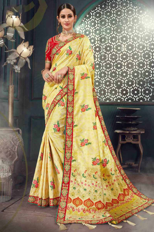 Pastel Yellow Bhagalpuri Silk Saree With Banglori Silk Blouse