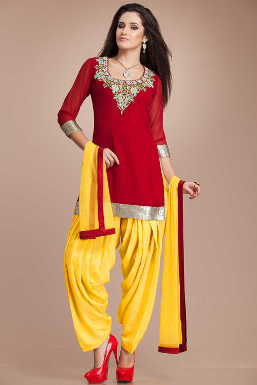 Red and Mustard Color Patiala Salwar Suits