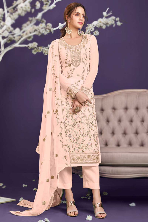 Peach Georgette Embroidered WeddingTrouser Suit