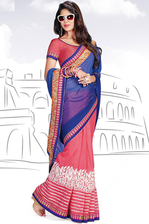 Pink And Blue Georgette Saree With Raw Silk Blouse