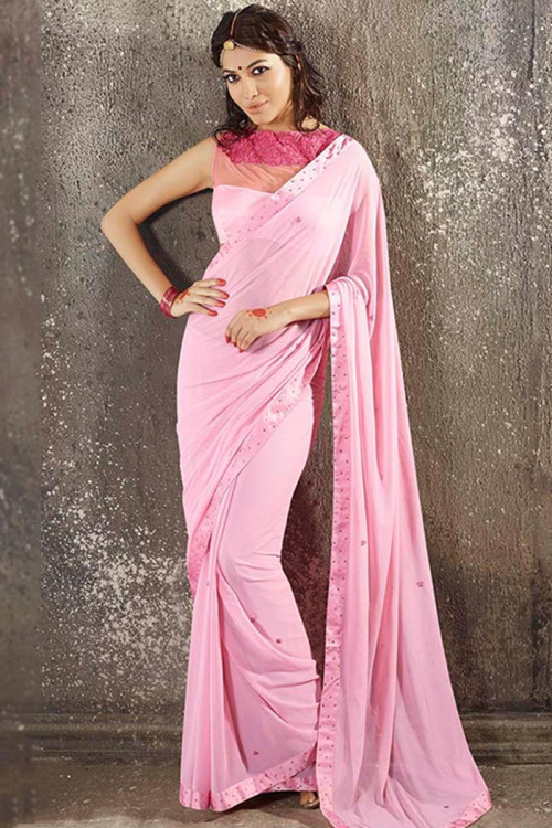 Pink Georgette Party Wear Saree With Net Blouse