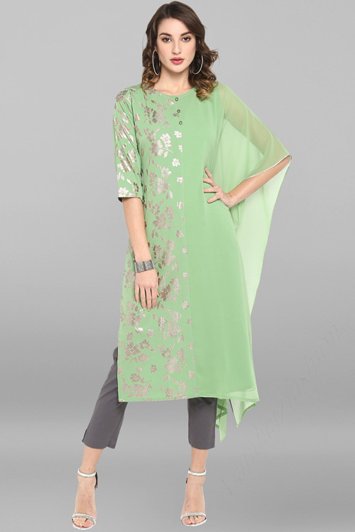 Poly Crepe Kurti in Pistachio Green colour for Casual Wear