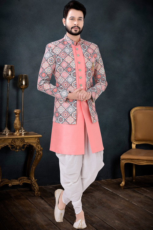 Plain Silk Coral Pink Men Jacket Style Sherwani