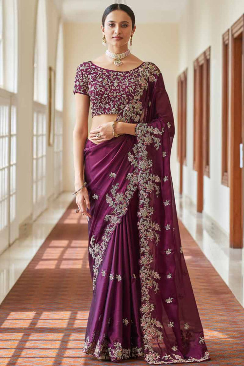 Plum Purple Soft Silk Embroidered Saree for Eid