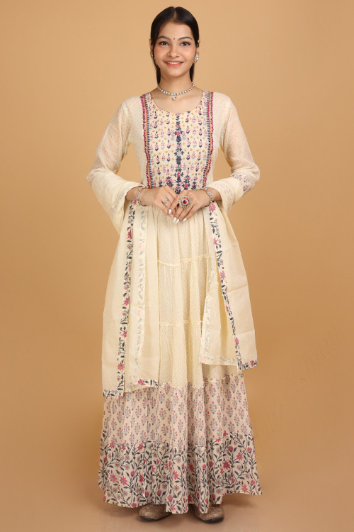 Printed Cotton Light Cream Anarkali Style Gown