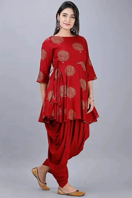 Deep Red Party Wear Printed Kurti in Rayon