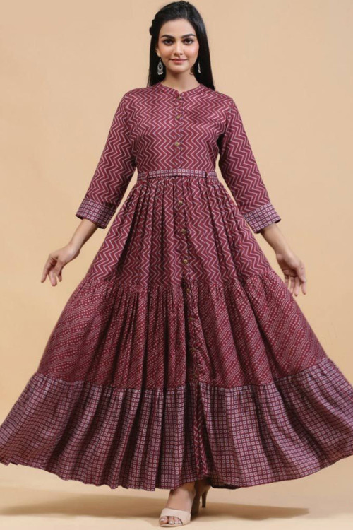 Printed Viscose Rayon Mauve Pink Gown