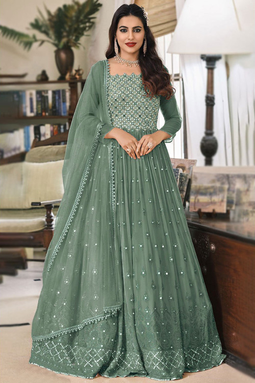 Dusty Green Georgette Embroidered Anarkali Suit