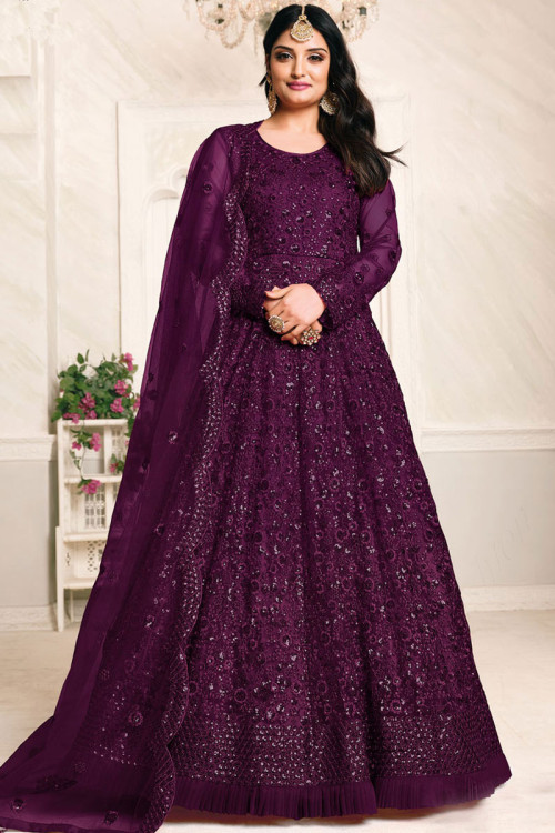 Purple Net Sequined Worked Eid Anarkali Suit