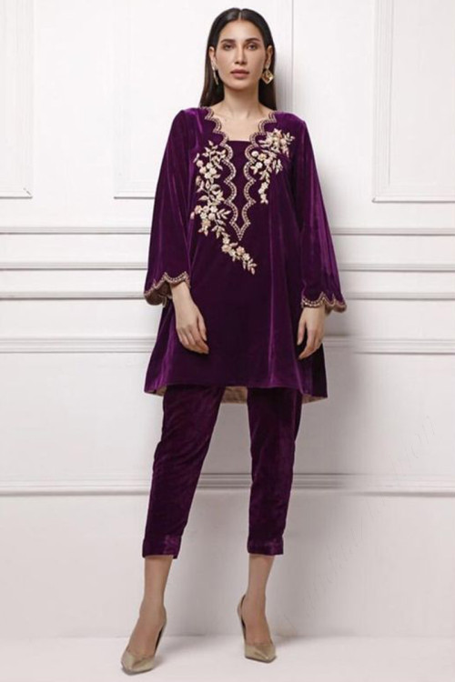 Purple Velvet Trouser Suit for Sangeet with Hand embroidery