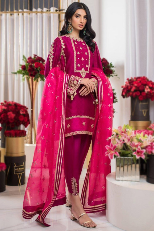 Rani Pink Cotton Silk Embroidered Wedding Wear Trouser Suit