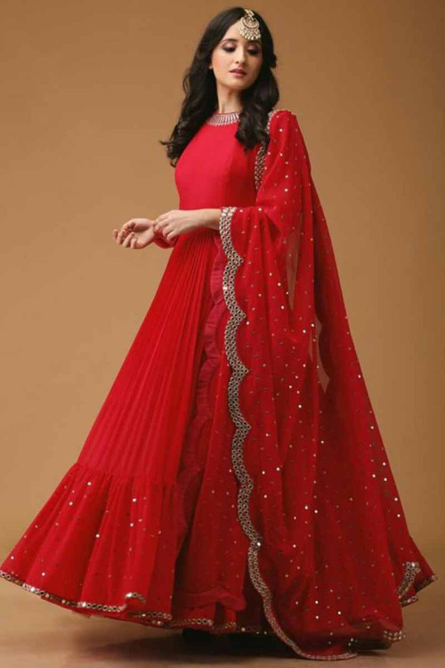 Red Georgette Floor Length Wedding Wear Anarkali Suit