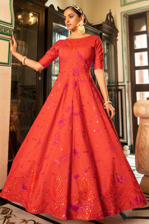 Red Jacquard Floor Length Gown