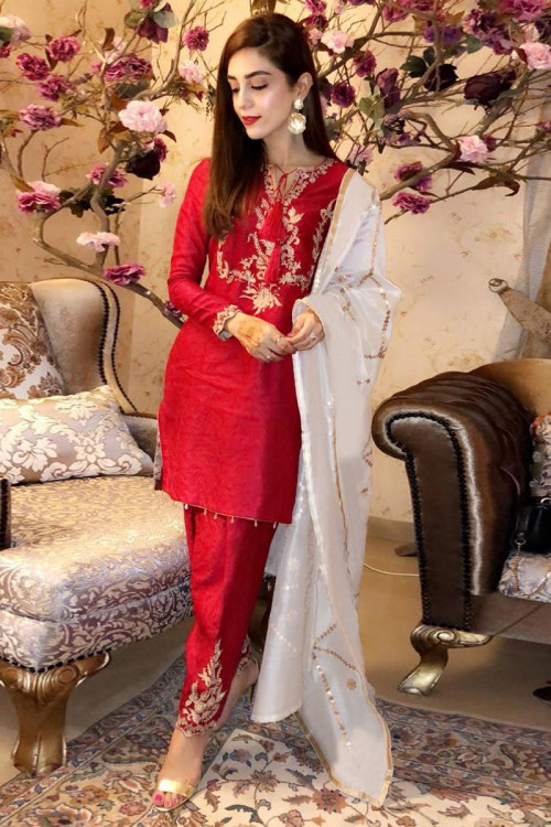 Red Silk Pakistani Pant Style Suit 