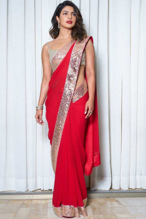Red Georgette Saree With Silver Sequence Blouse