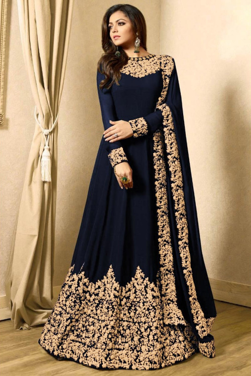 Georgette Navy Blue Eid Anarkali Suit With Copper Dori Work