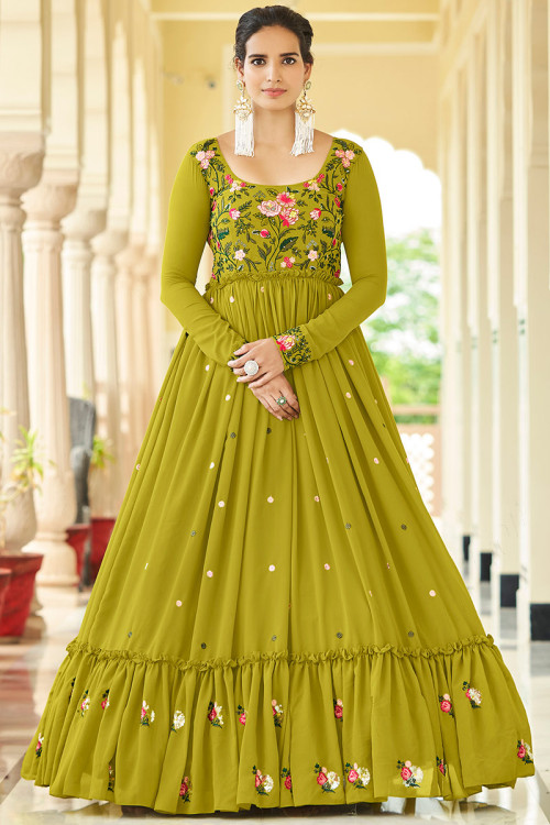 Resham Embroidered Georgette Olive Green Gown