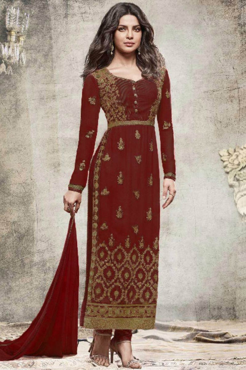 Silk Barm Red Trouser Suit With Zari Work