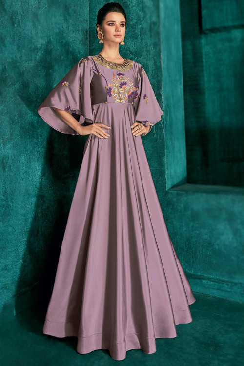 Resham Work Embroidered Silk Light Purple Gown