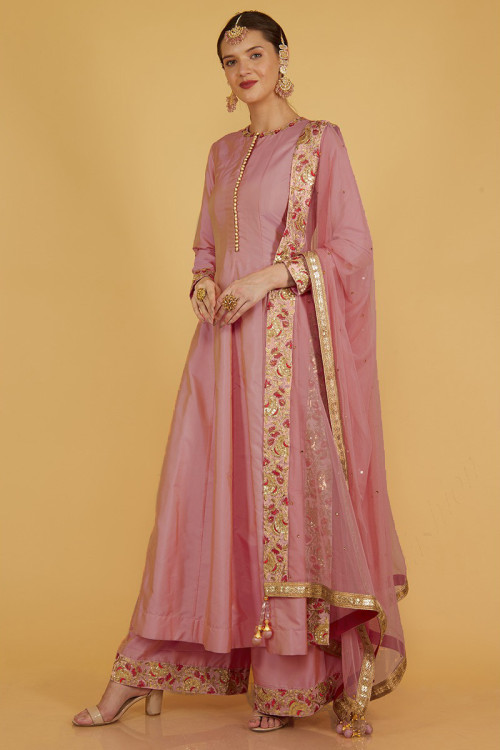 Dusty Pink Silk Plain Festive Wear Eid Trouser Suit