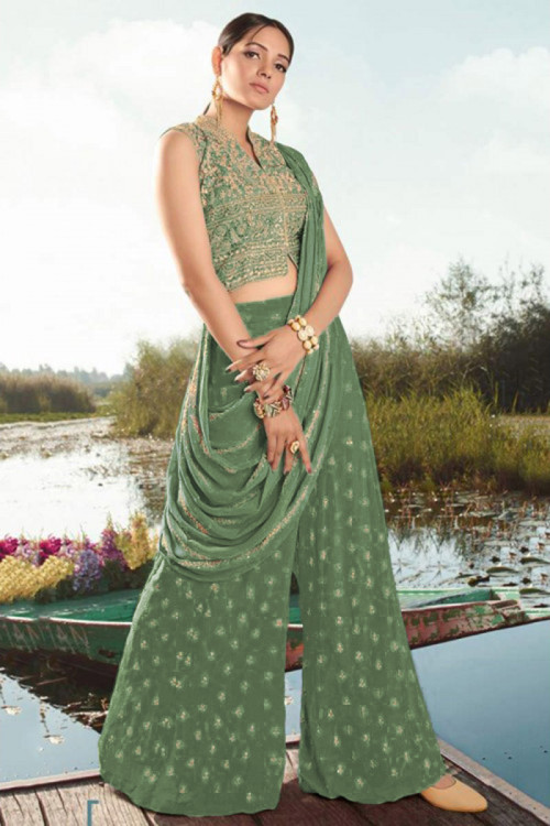 Sage Green Net Embroidered Palazzo Suit