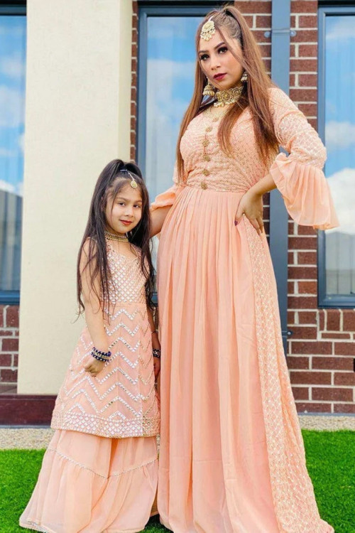 Salmon Peach Georgette Embroidered Mother Daughter Duo Gown