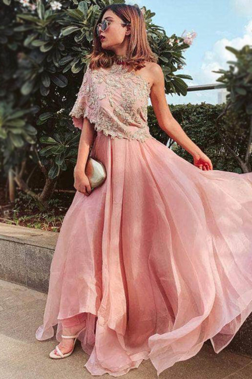 Salmon Pink Organza Embroidered Indo-Western Anarkali Suit