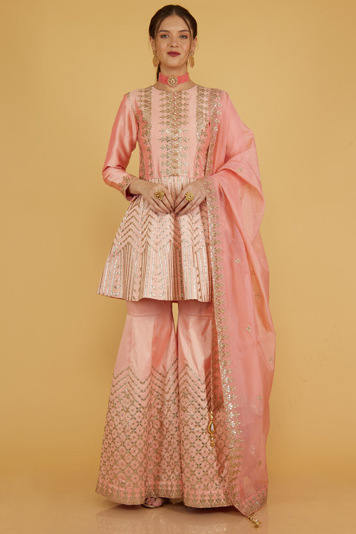 Salmon Pink Silk Embroidered Sharara Suit