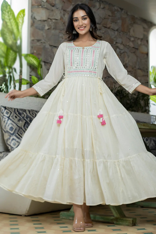 Sequins Embroidered Cotton White Gown