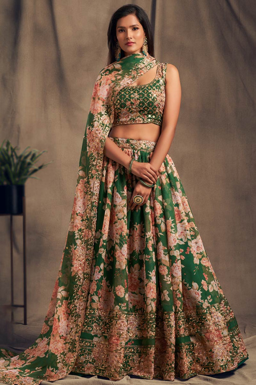 Sequins Embroidered Georgette Green Lehenga