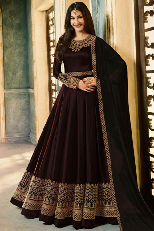 Silk Eid Anarkali Suit In Dark Brown Color